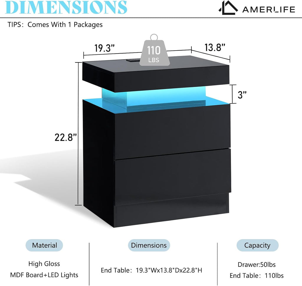 AMERLIFE High Gloss LED Nightstand Set of 2 with Charging Station, Modern Bedside Table Night Stand with LED Lights, Sofa End Side Tables with Drawers for Bedroom Living Room, Black
