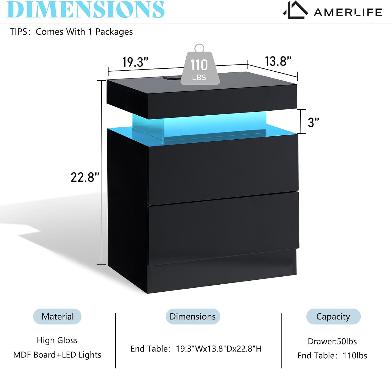 AMERLIFE High Gloss LED Nightstand Set of 2 with Charging Station, Modern Bedside Table Night Stand with LED Lights, Sofa End Side Tables with Drawers for Bedroom Living Room, Black