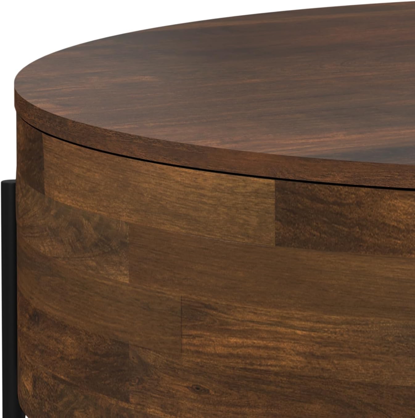 SIMPLIHOME Rayburn Drum Coffee Table - 38 inch Wide Solid Mango Wood Round Living Room Table in Walnut Brown, Modern Urban Center Table for Family Room with Black Metal Legs and Large Surface