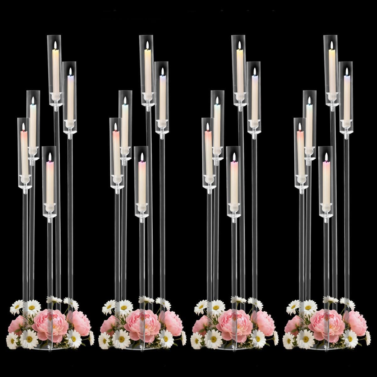 4PCS 5 Arms Acrylic Candelabra Centerpieces for Wedding,45.7Inches Clear Candle Holders Table Centerpiece Floor Candle Stand with Shade for Christmas Party Home Decor Prom Entrance Decorations