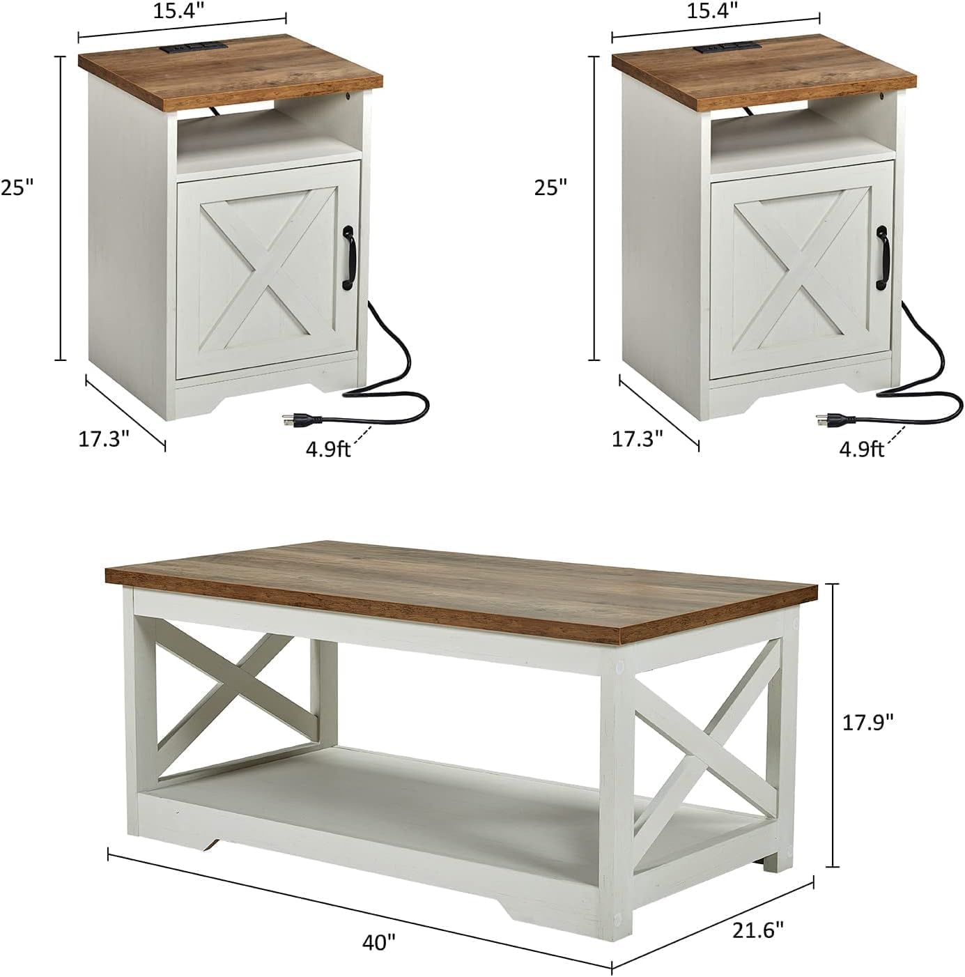 AMERLIFE 4 Pieces Living Room Table Sets, 98' Farmhouse Wall Unit TV Stand with Bookshelves & Wine Cabinet, Coffee Table & 2 End Tables with Charging Station and USB Ports, Living Room, Barnwood+White