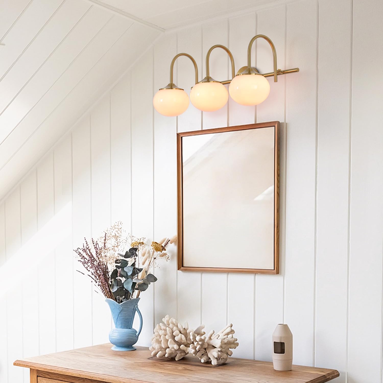 BOKT Gold Bathroom Light Fixture Pink Glass Ball Shades 3-Lights Vintage Vanity Lights Over Mirror E26 Base Modern Wall Sconces Bathroom Wall Lamp for Hallway Bedroom