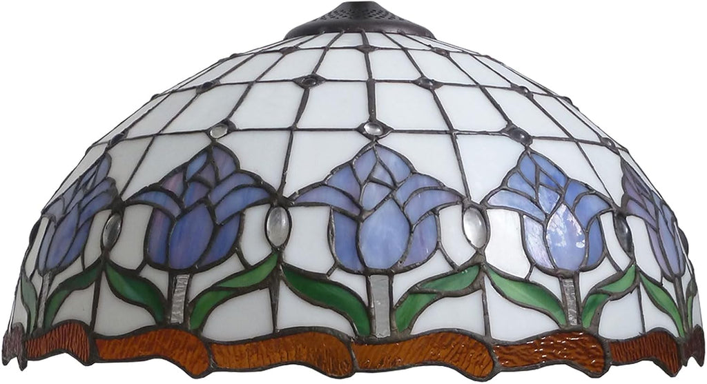 Tiffany Lamp Shade 16' Wide Accessories Replacement Only Blue Tulip Stained Glass Lampshades Vintage Flower Green Leaf Glass Beads Light Cover for Table Lamp Floor Lamp Pendant Light Ceiling