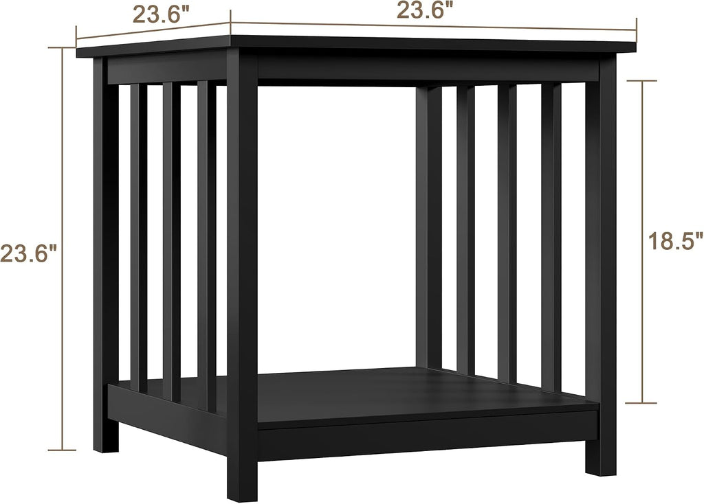 Treocho End Tables Living Room Set of 2, 24 Inch Square Side Table with 2-Tier Storage Shelf, Modern Nightstand for Living Room, Bedroom, Office, Black