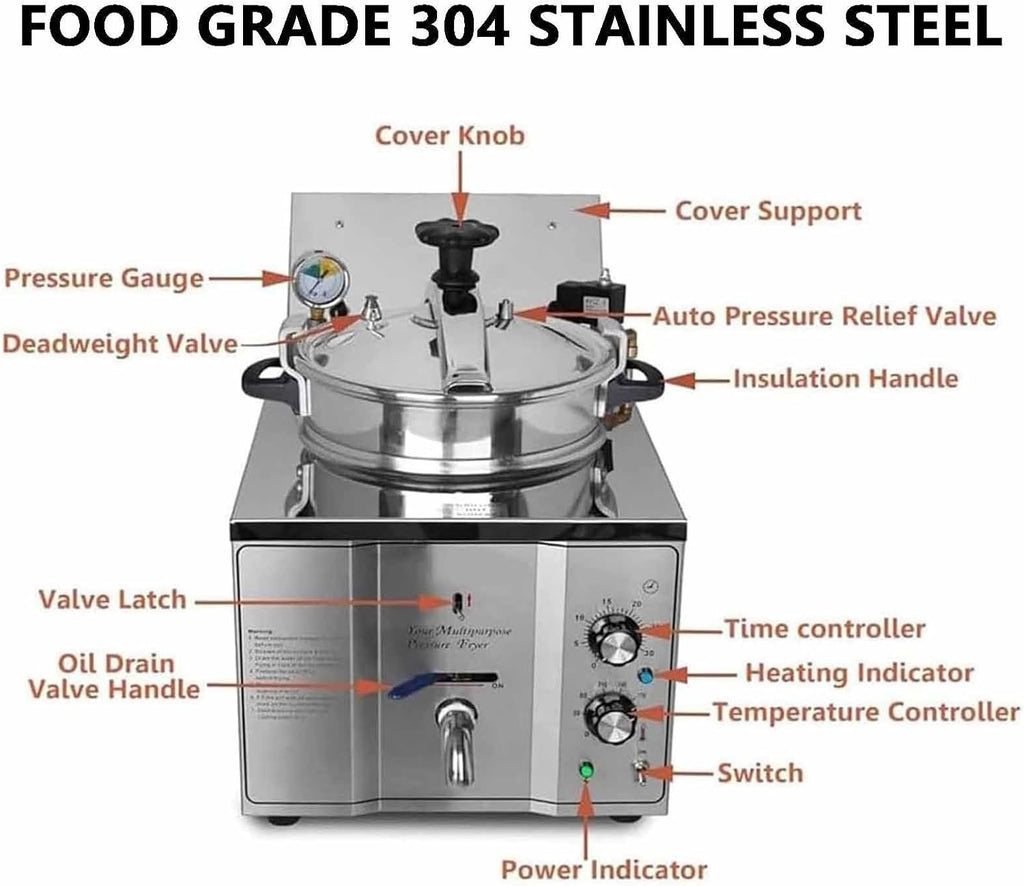 Electric Countertop Pressure Fryer - Stainless Steel High Pressure Fried Chicken Machine for Commercial Use - Deep Fryer Kitchen Frying Appliance