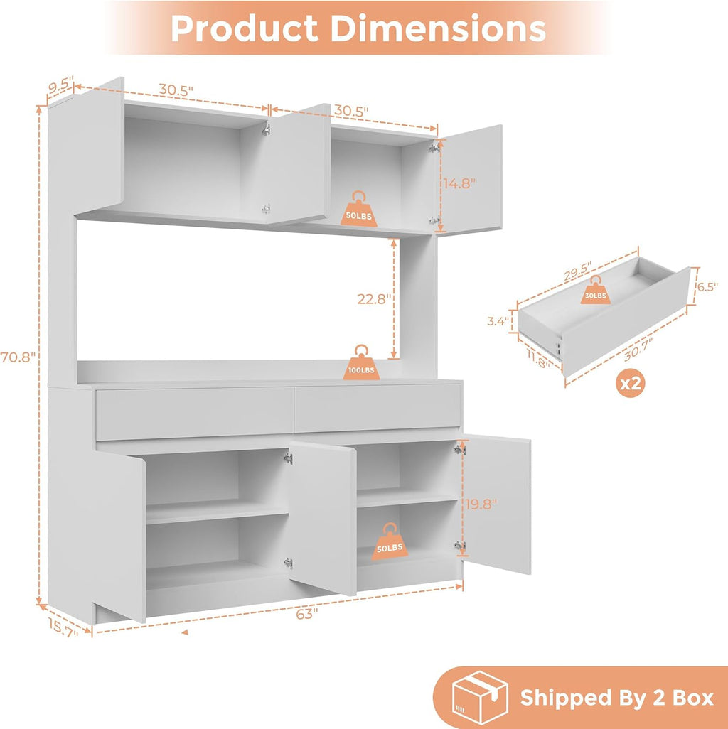 Bobve 71' Kitchen Pantry Cabinet, Kitchen Hutch with Microwave Stand, Buffet Cabinet with Large Storage Drawers for Dining Room (White)
