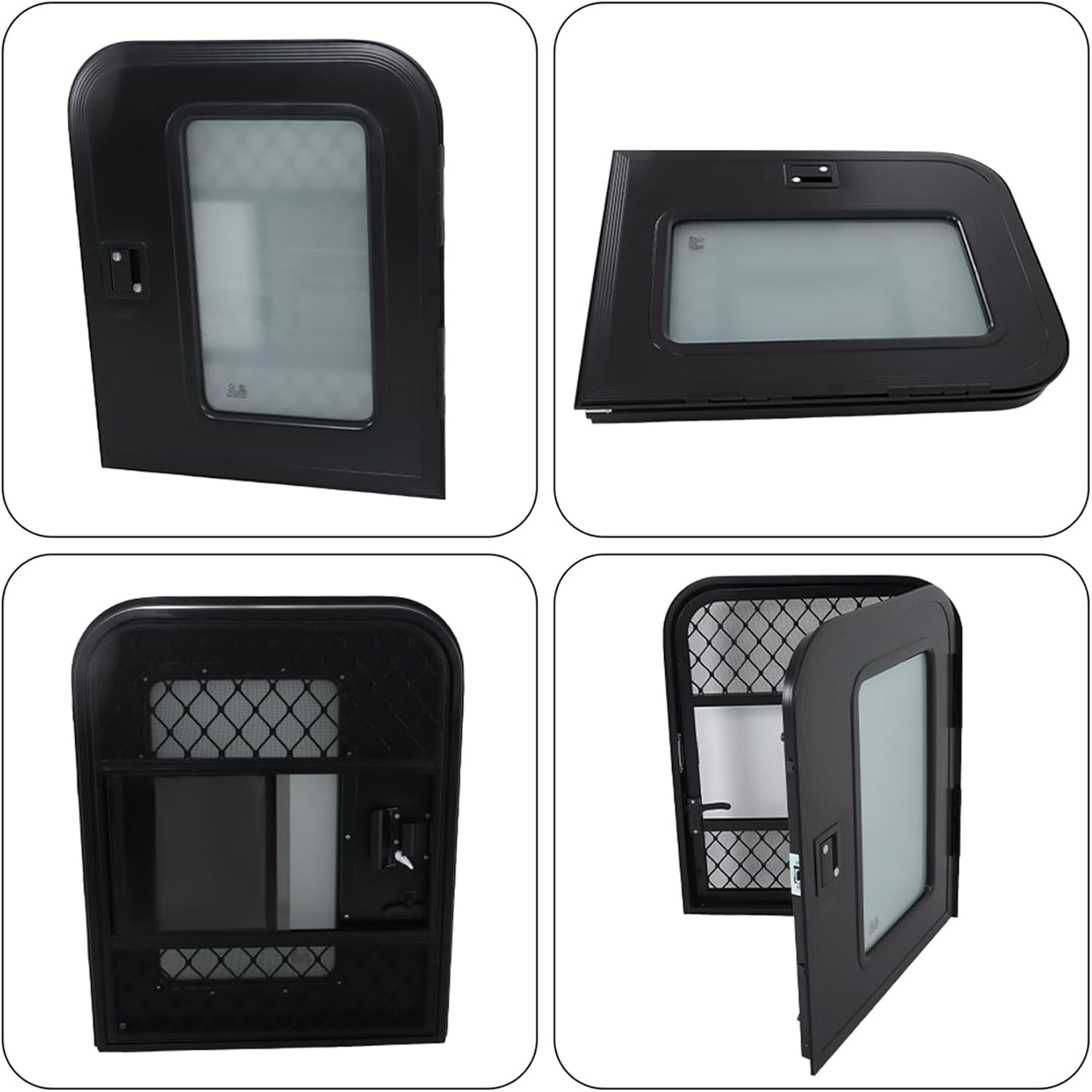 labwork Passenger RV Entry Door with Radius Corners on Top and Square Bottom with Screen Door and Window 26(W) × 32(H) Black
