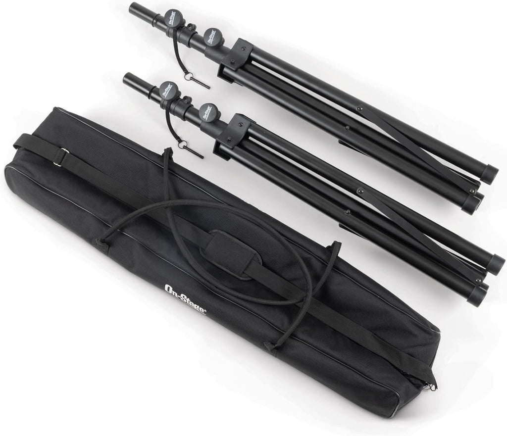 On-Stage SSP7950 All-Aluminum Speaker Stand Pack (Pair of Folding, Portable Stands, Tripod Base, Carry Bag, Height Adjustable, Nonslip Rubber Feet, 1 3/8″ and 1 1/2″ PA Mounting Poles, Black)