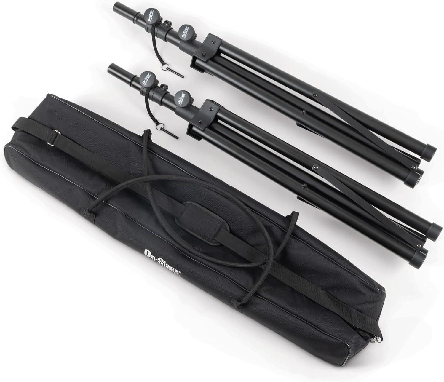 On-Stage SSP7950 All-Aluminum Speaker Stand Pack (Pair of Folding, Portable Stands, Tripod Base, Carry Bag, Height Adjustable, Nonslip Rubber Feet, 1 3/8″ and 1 1/2″ PA Mounting Poles, Black)