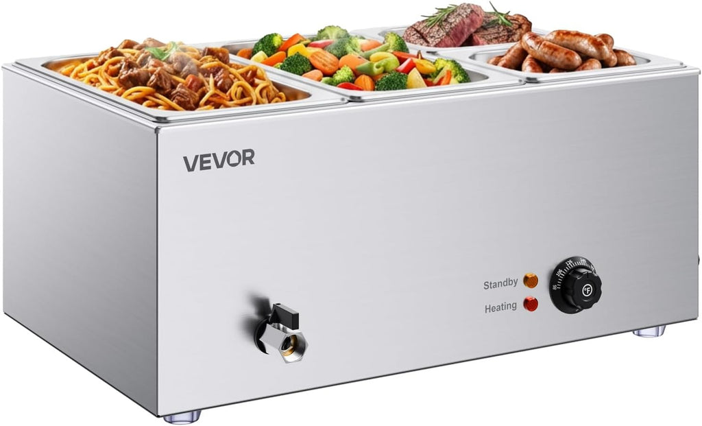 VEVOR 4-Pan Commercial Food Warmer, 24QT Electric Steam Table, 1200W Professional Countertop Stainless Steel Buffet Bain Marie with 86-185°F Temp Control for Catering and Restaurants, Silver