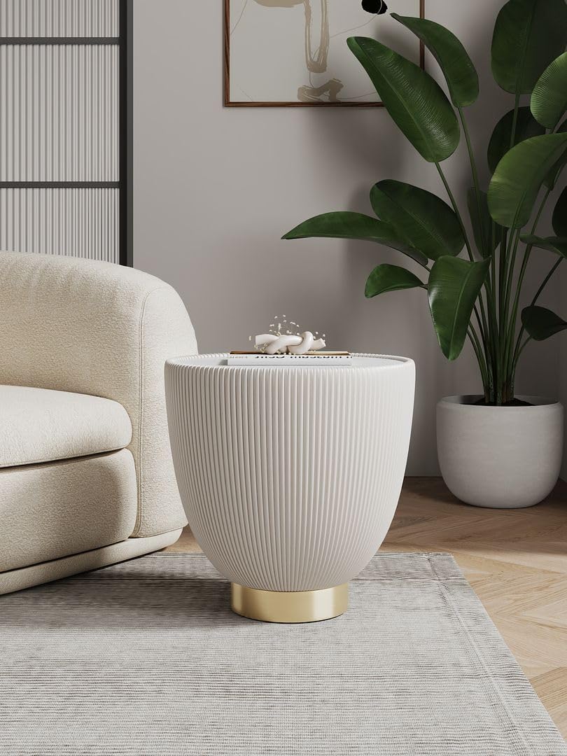 Manhattan Comfort Anderson Modern 18' Round End Table 2.0 | Ceramic Marble Tabletop, Elegant Pleated Leatherette Design & Gold Stainless Steel Base, Fully Assembled Accent Furniture, Set of 1, Cream