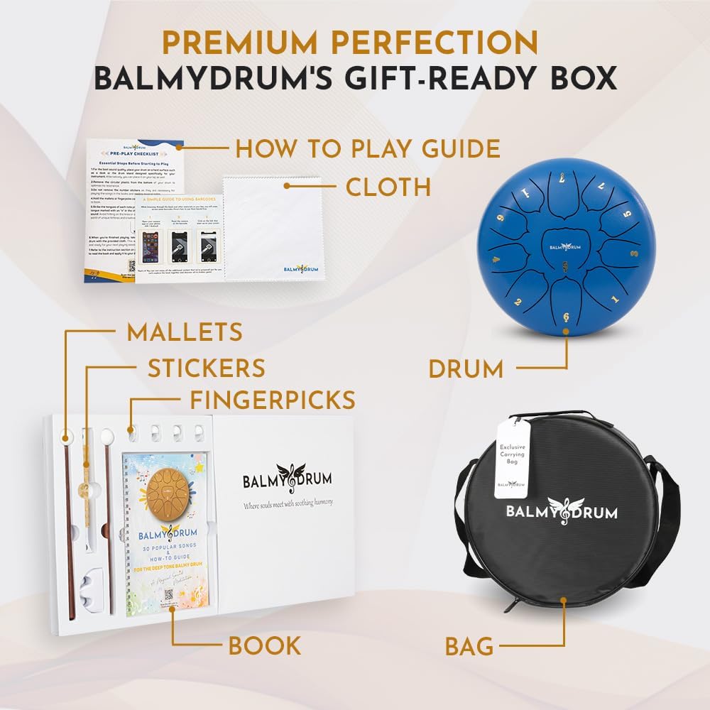 Balmy Drum Steel Tongue Drum 10 inch 11 Notes 440Hz, Handpan Drum with Music Book, Mallets, Carry Bag, Finger Picks, Rain Drum for Outdoor, Meditation Yoga Calming Instruments for Adults Kids (Blue)