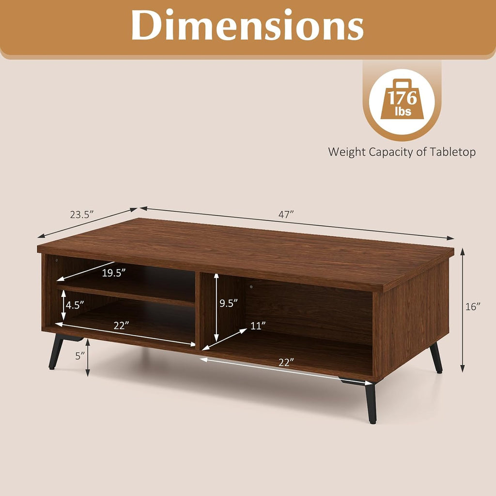 Giantex Mid Century Modern Coffee Table, 2-Tier Wood Rectangular Center Table with Storage Shelves, Compartments & Metal Legs, Vintage Living Room Tables for Reception (Walnut)