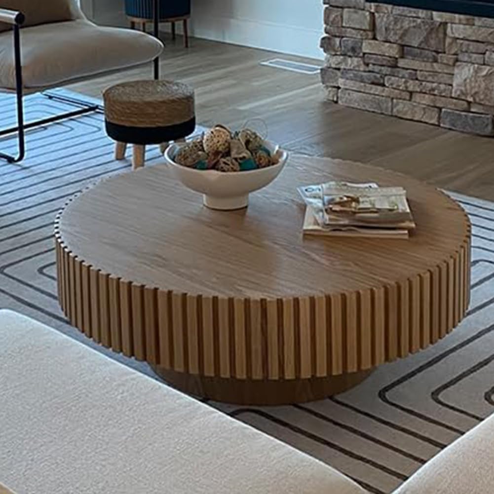 ø39.37'' Oak Round Coffee Table for Living Room Circle Coffee Table Contemporary Wood Coffee Table with Pedestal, Easy Assembly
