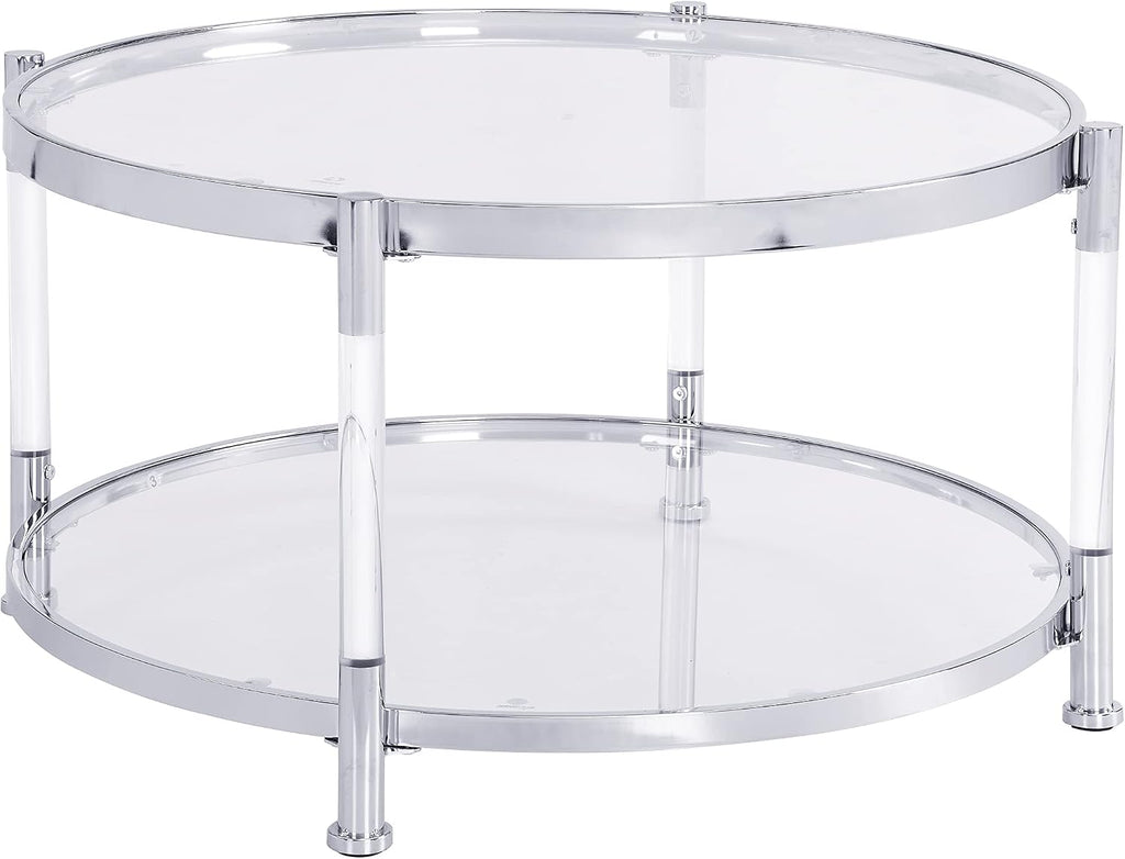 Tempered Glass Round Coffee Table, 28' Modern Acrylic Legs Circle Center Table for Living Room