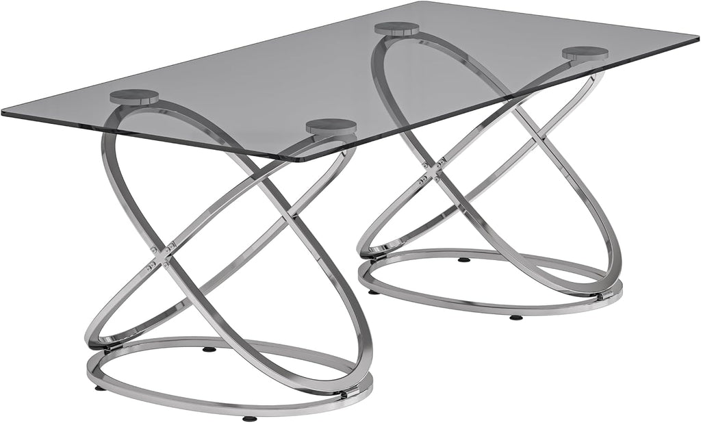 47' Rectangle Coffee Table with Tempered Glass Tabletop, Modern Chrome Ring Base, Gray, Luxury Living Room Center Table