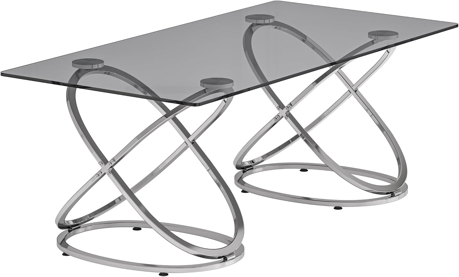 47' Rectangle Coffee Table with Tempered Glass Tabletop, Modern Chrome Ring Base, Gray, Luxury Living Room Center Table