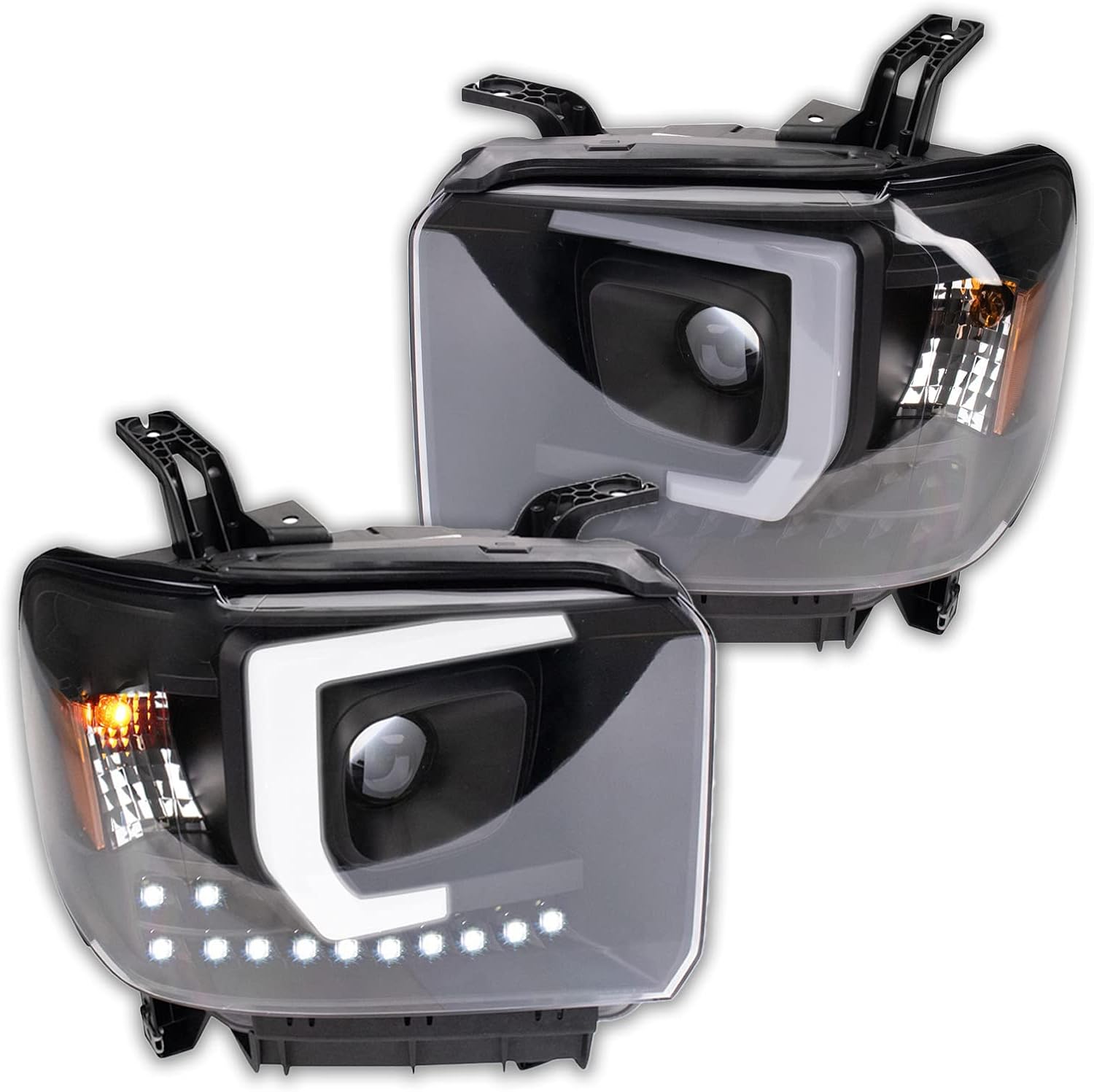 TRQ Performance Driver and Passenger Side Headlight Assembly Set Black Housing Compatible with 14-18 GMC Sierra 1500 15-19 GMC Sierra 2500 HD 15-19 GMC Sierra 3500 HD