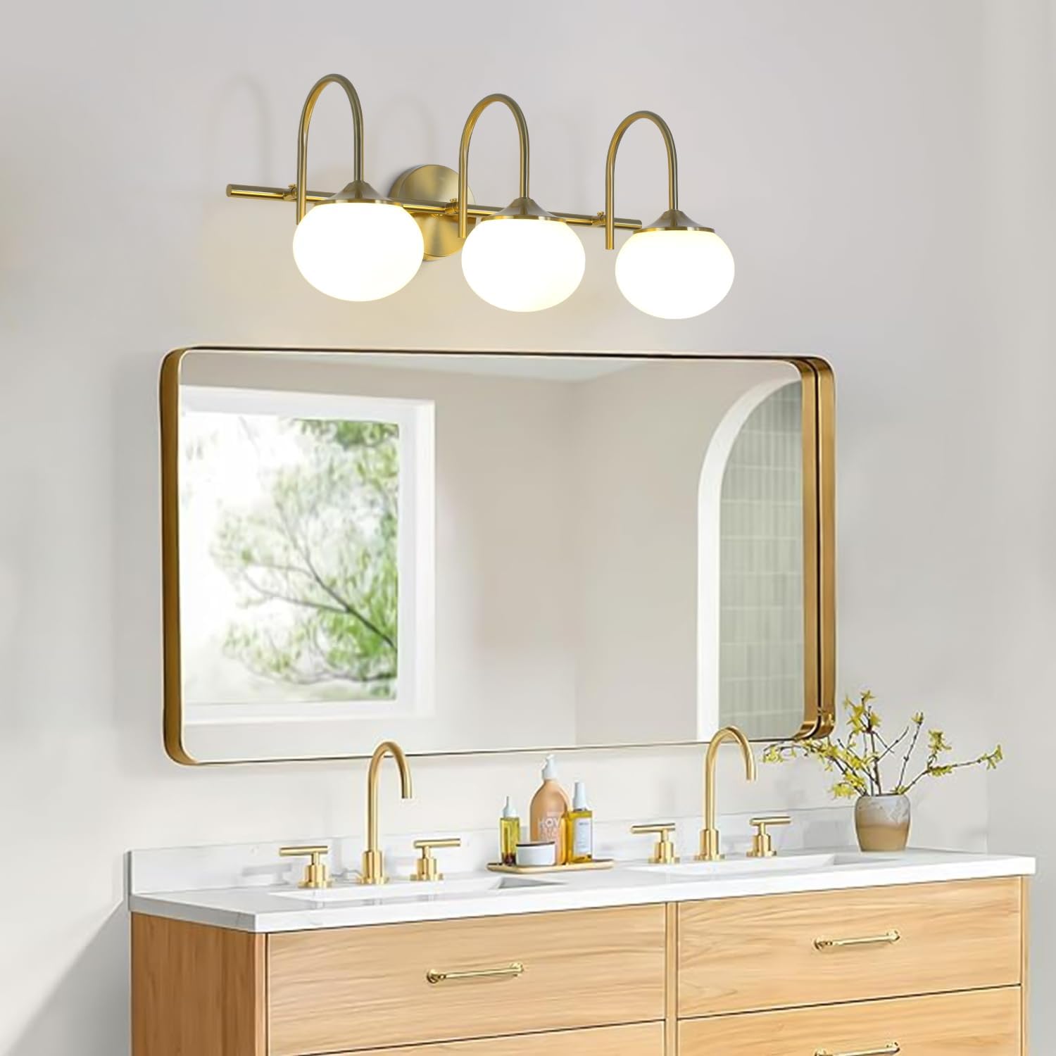BOKT Modern 3-Light Bathroom Vanity Light Cream Yellow Glass Wall Sconces Vintage Vanity Lights Fixtures Over Mirror Gold Globe Bath Wall Sconce Bedroom Wall Mounted Sconces