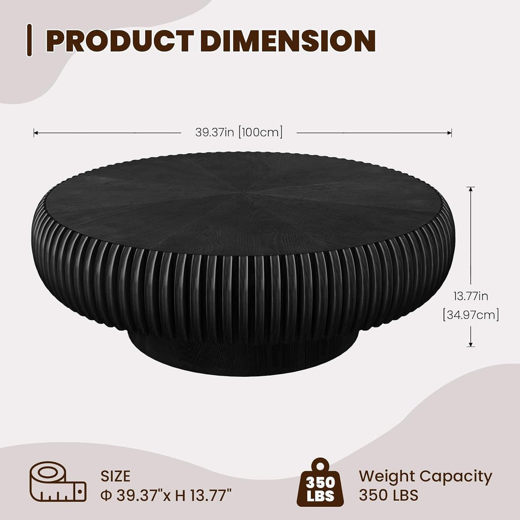 Round Drum Coffee Table for Living Room, Mid Century Modern Coffee Table with Sturdy Pedestal, Farmhouse Fluted Circle Center Table Accent Tea Table for Apartment (Large Black)