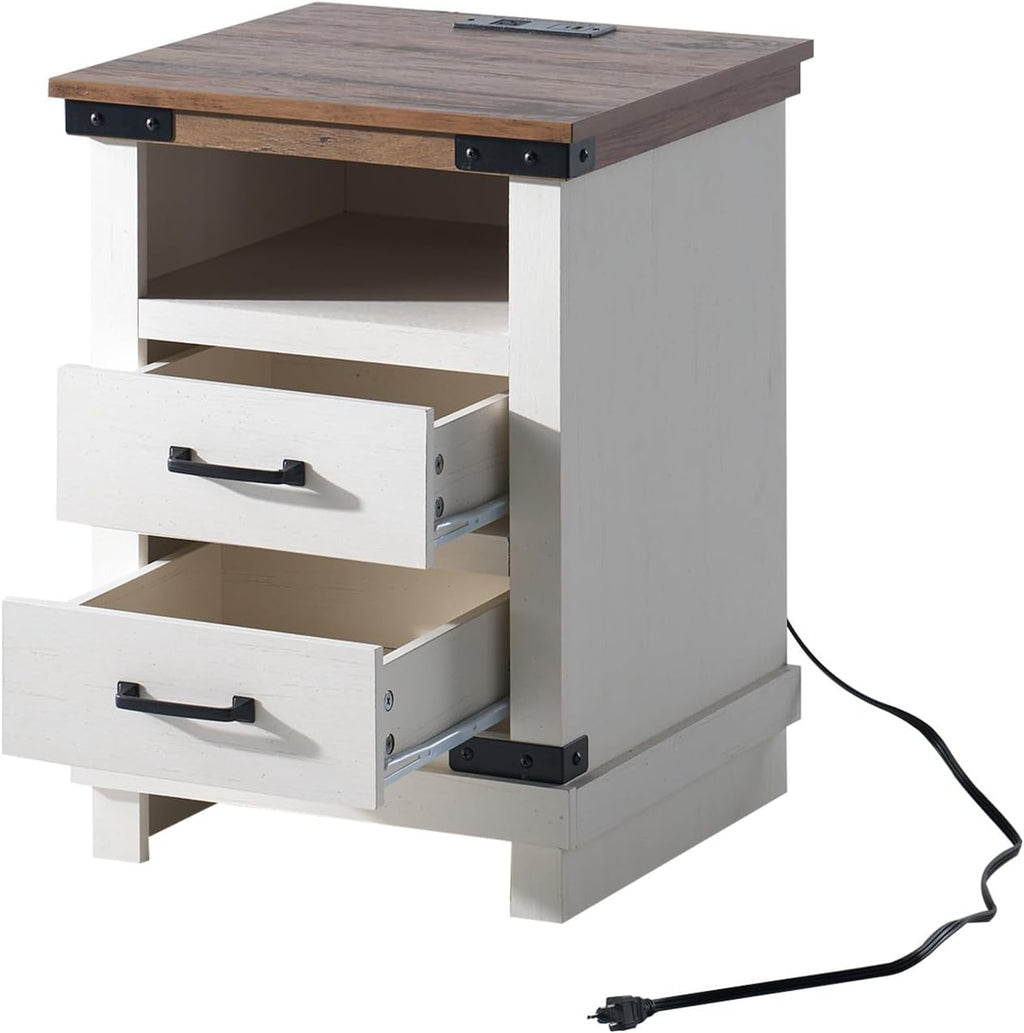 AMERLIFE Farmhouse End Table with Charging Station, 18' Wood Rustic Night Stand with 2 Storage Drawers, Heavy Duty Bedside Sofa Side End Tables for Bedroom, Living Room, Antique White