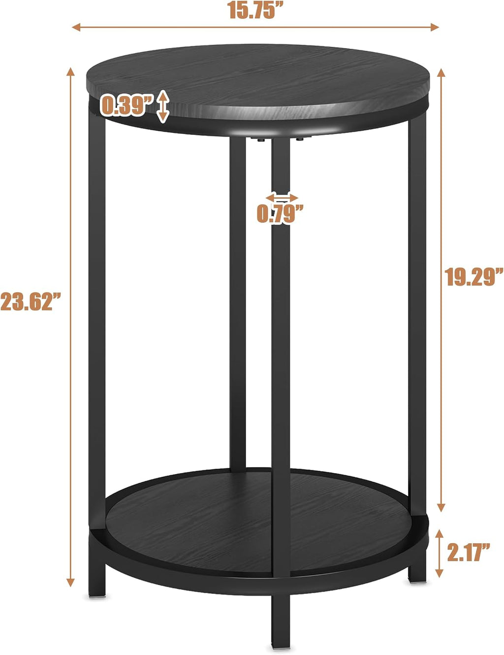 NSdirect Round Side Table Set of 2,16in Rustic Wooden End Table Surface Top & Sturdy Metal Legs Nightstand for Living Room Bedroom Farmhouse Sofa Table with Storage Open Shelf,Black