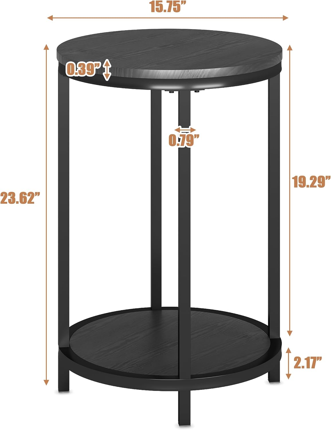 NSdirect Round Side Table Set of 2,16in Rustic Wooden End Table Surface Top & Sturdy Metal Legs Nightstand for Living Room Bedroom Farmhouse Sofa Table with Storage Open Shelf,Black