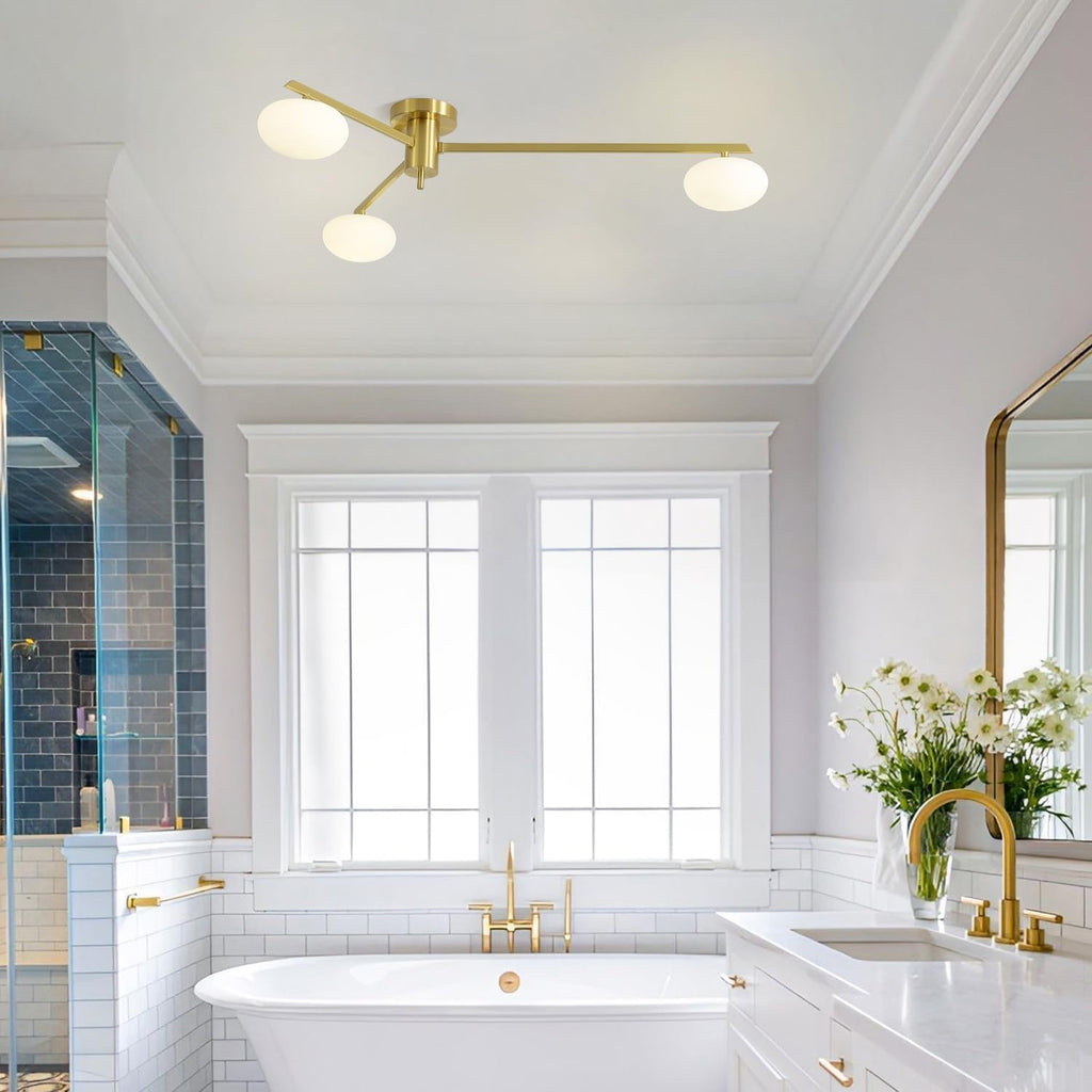 3-Light Gold Sputnik Ceiling Light Fixture,with Opal Glass Shade | low ceiling gold chandelier, dining room bedroom foyer, warm ambient lighting, easy DIY install, mid-century style