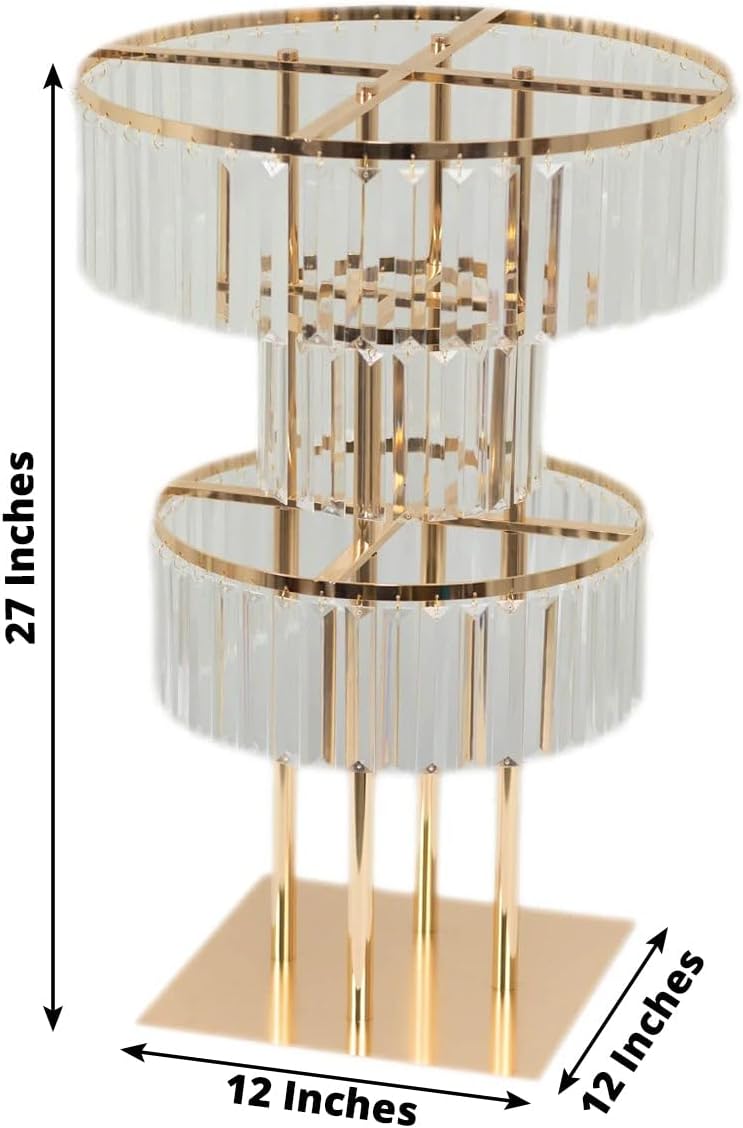 Efavormart 3-Tier Crystal Pendant Table Centerpiece Chandelier, Round Gold Metal Flower Stand – 27' Tall Wedding Pedestal Vase