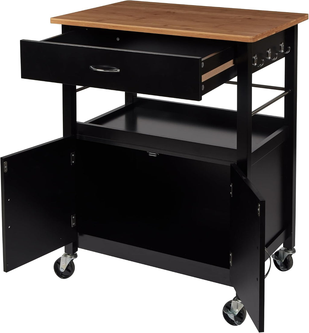 eHemco Kitchen Island Cart on Wheels, Black Base, Natural Bamboo Top | Drawer, Storage Cabinet, Shelf, Butcher Block