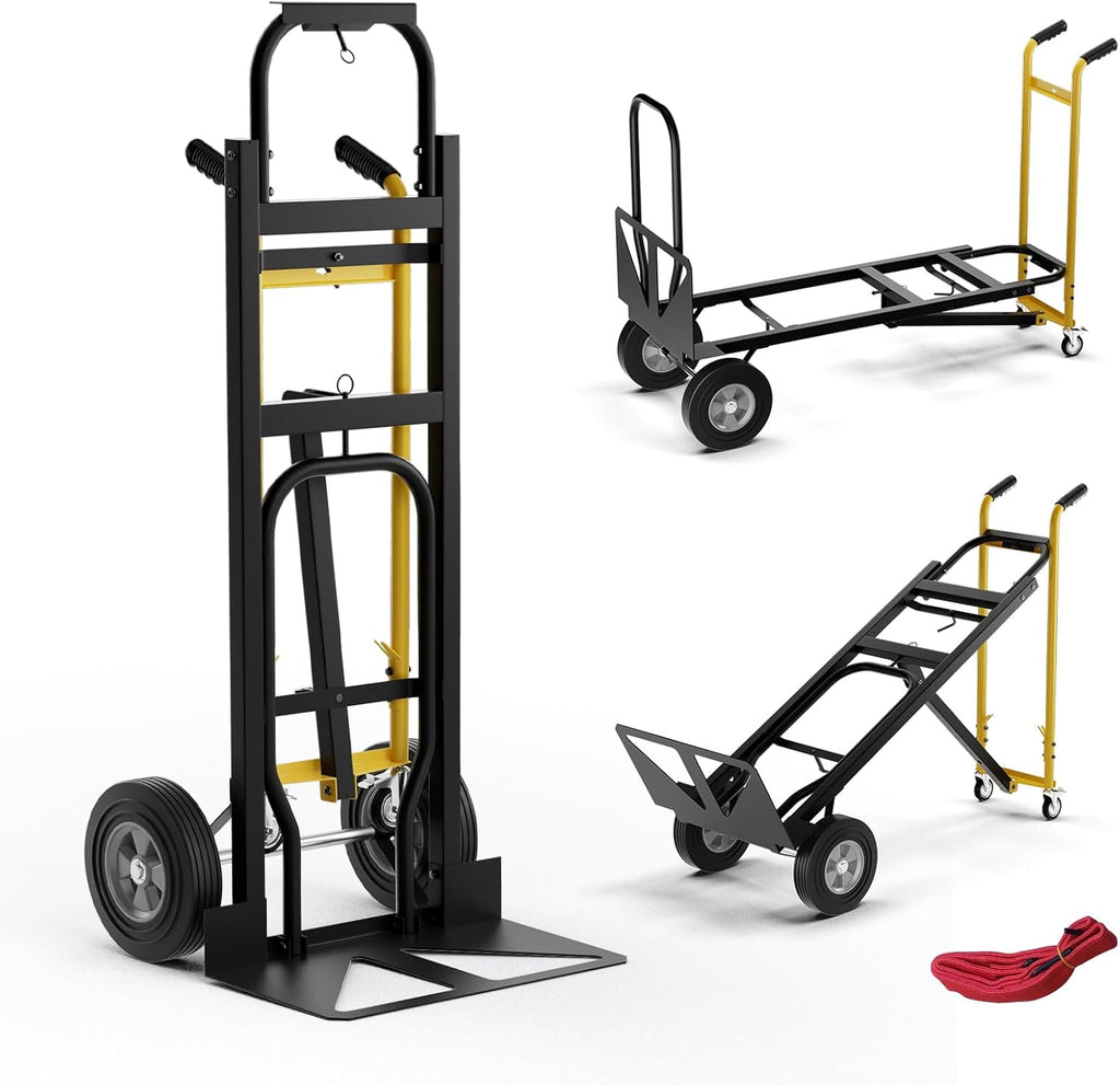 Goplus Convertible Hand Truck, 3-in-1 Metal Dolly Cart with 4 Wheels (2 Lockable), 1000 LBS Capacity, Safety Straps, Heavy-Duty Collapsible Folding Cart for Moving Home, Garage, Shop