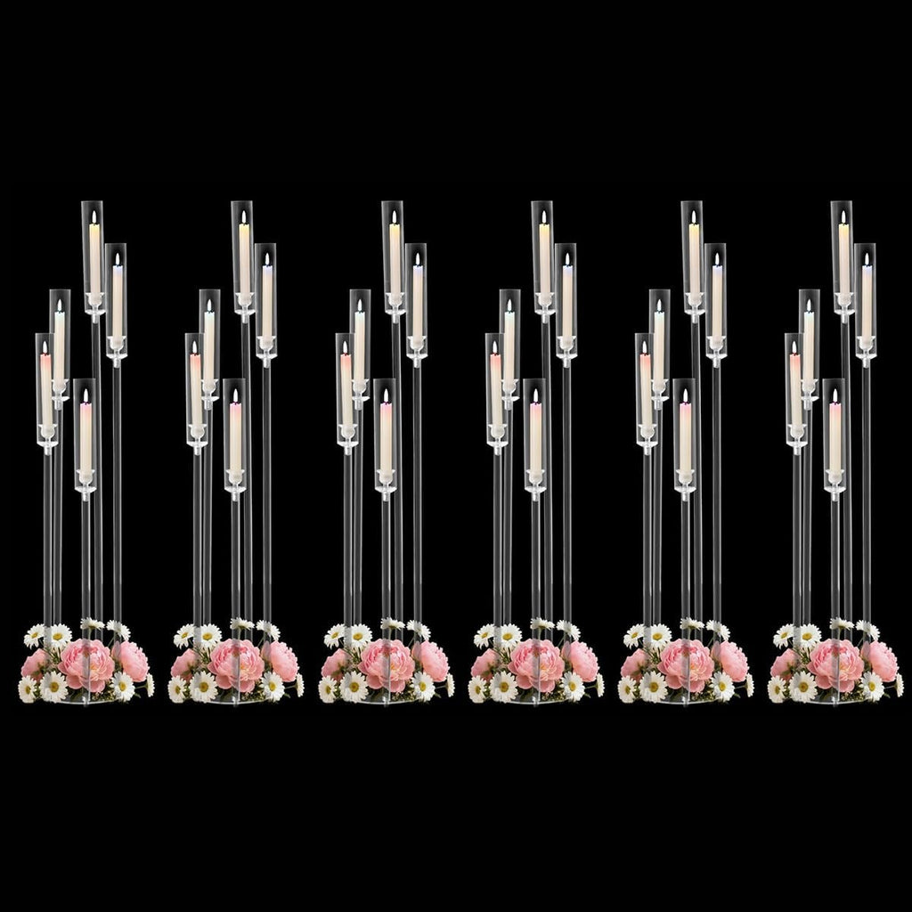 6PCS Acrylic Candelabra Centerpieces for Tables, 5 Arm Clear Candelabra Candle Holders for Wedding Centerpieces, Tall Floor Candelabras for Event Party Home Decor Fits 0.8 LED Candles