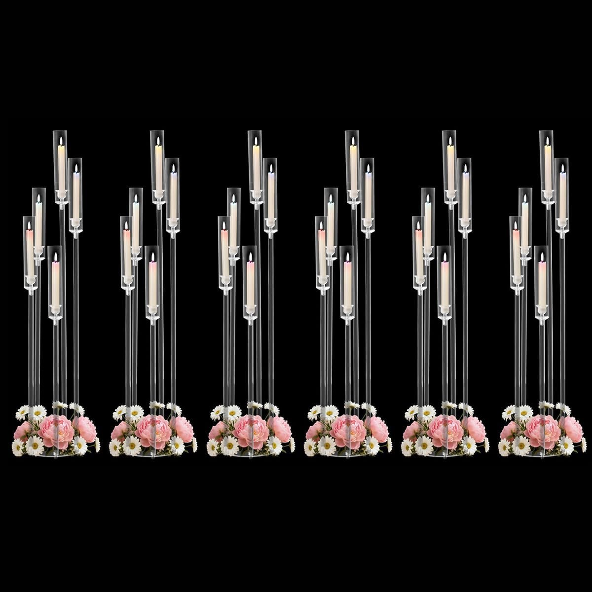 6PCS Acrylic Candelabra Centerpieces for Tables, 5 Arm Clear Candelabra Candle Holders for Wedding Centerpieces, Tall Floor Candelabras for Event Party Home Decor Fits 0.8 LED Candles