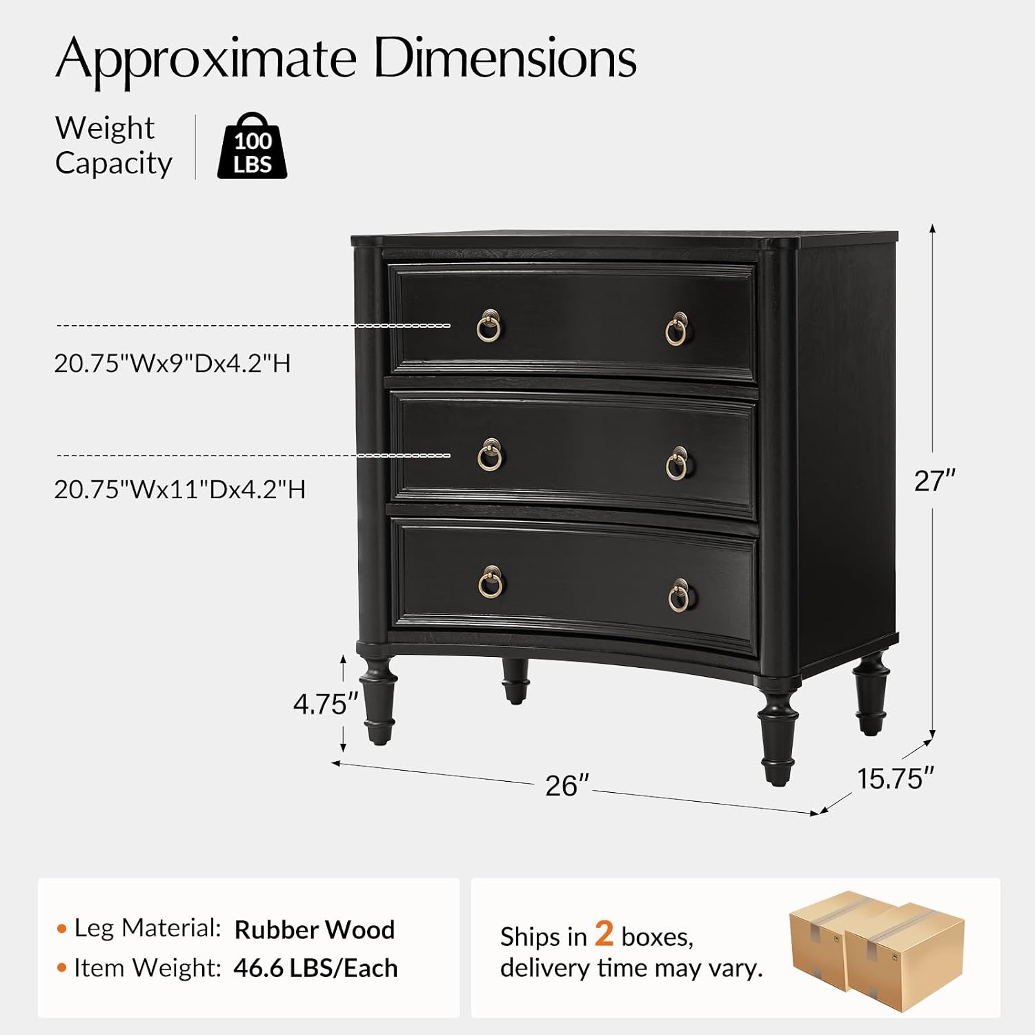 HULALA HOME 3 Drawer End Tables Set of 2 with Charging Station, 26' Wide Endtables with Solid Wood Legs and Curved Profile, Classic Side Tables for Living Room, Black