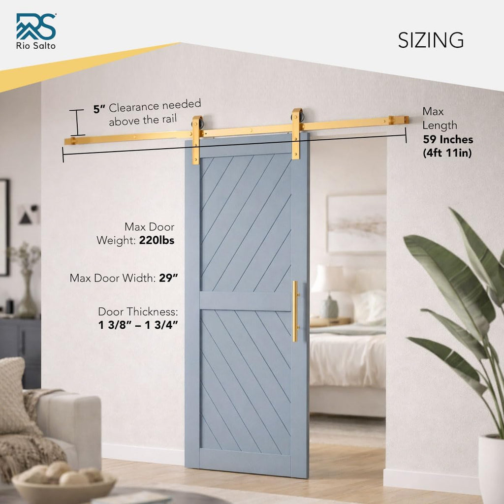 Rio Salto Gold Barn Door Hardware Kit Sliding Door Hardware Modern Barn Interior Closet Pantry Brushed Brass Panel Hardware with Handle Bar and Floor Guide (Hardware Kit Plus, 4ft 11in - NO Door)