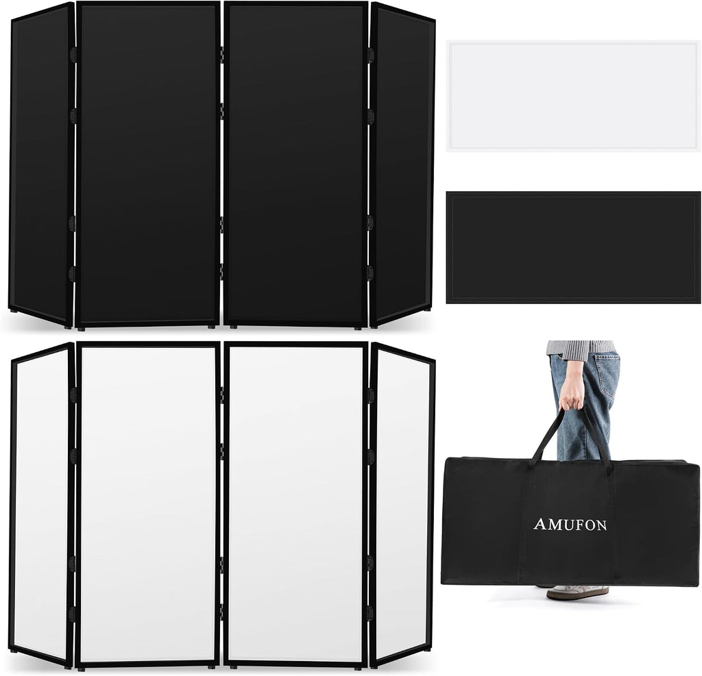 DJ Facade Booth, DJ Stand Portable Event Cover Screen with Foldable 4 Detachable Metal Frame Light Projector Display Scrim Panel Stand with Carry Bag for Party,Show,Gathering(White and Black)