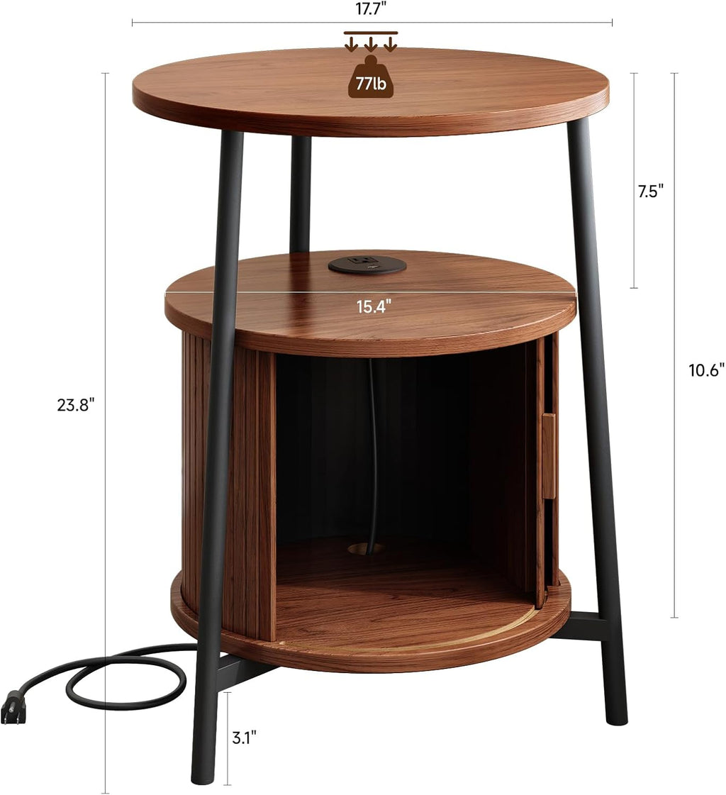 ONBRILL Round Side Table with Storage, Fluted Nightstand with Charging Station, Small Mid-Century Modern Bedside Tables, Walnut End Tables for Small Space Living Room Bedroom Sofa Couch (2 PCS)