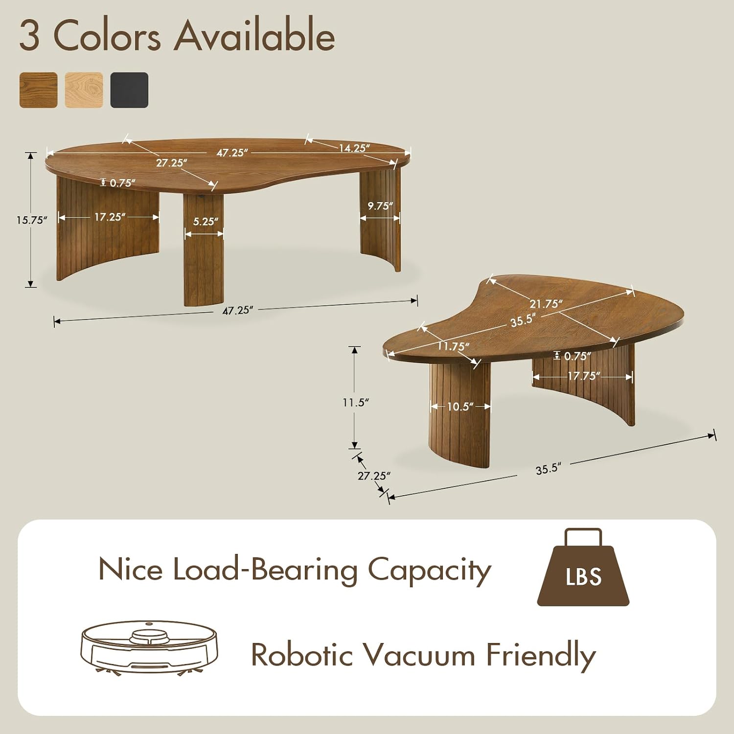 Hyfirm Walnut Nesting Coffee Tables Set of 2, Mid Century Modern Center Table with Fluted Wooden Legs and Oval Mango Shape for Living Room, Small Apartment