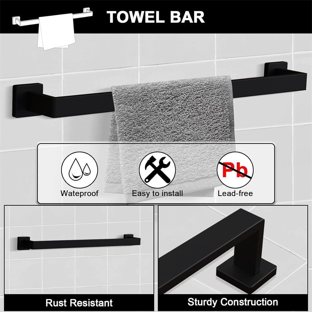 304 Stainless Steel Bathroom Towel Ring Set Bath Towel Rod Set Bathroom Hardware Square Tube Towel Rack Suitable for Family Hotel,Brushed,5PCS,Black-5PCS