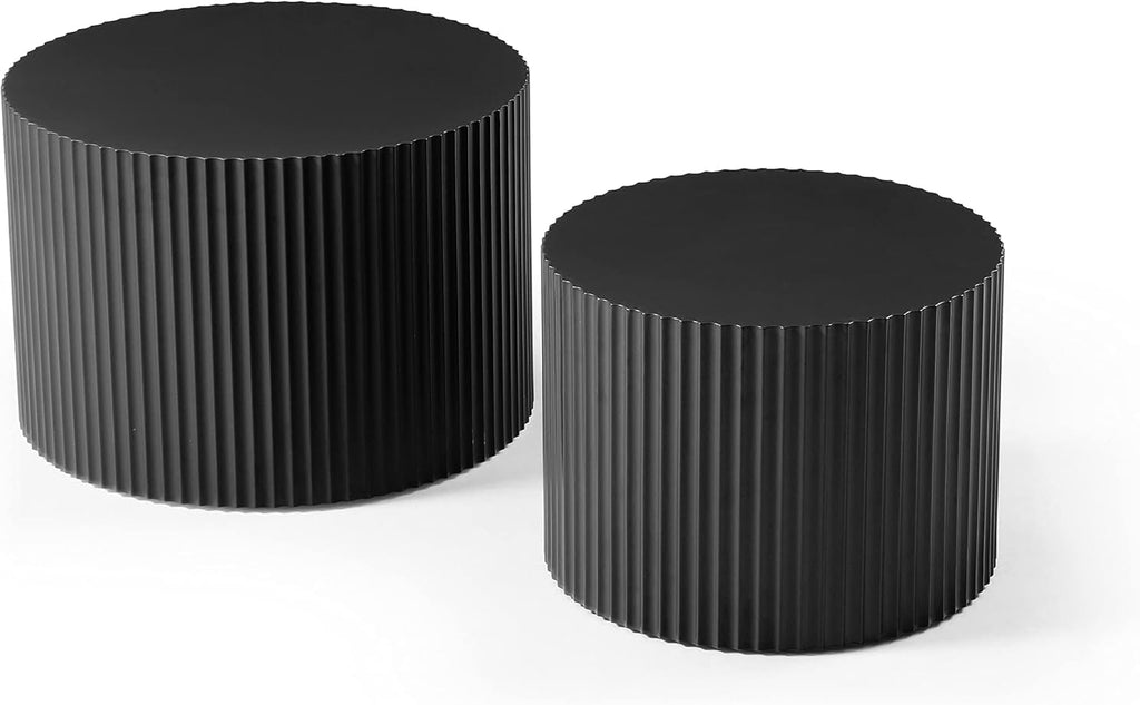 Nesting Coffee Tables Set of 2, 23.6' Round Coffee Tables for Living Room, Modern Fluted Tea Tables, Wooden Drum Accent Tables for Living Room, No Assembly Required - Black