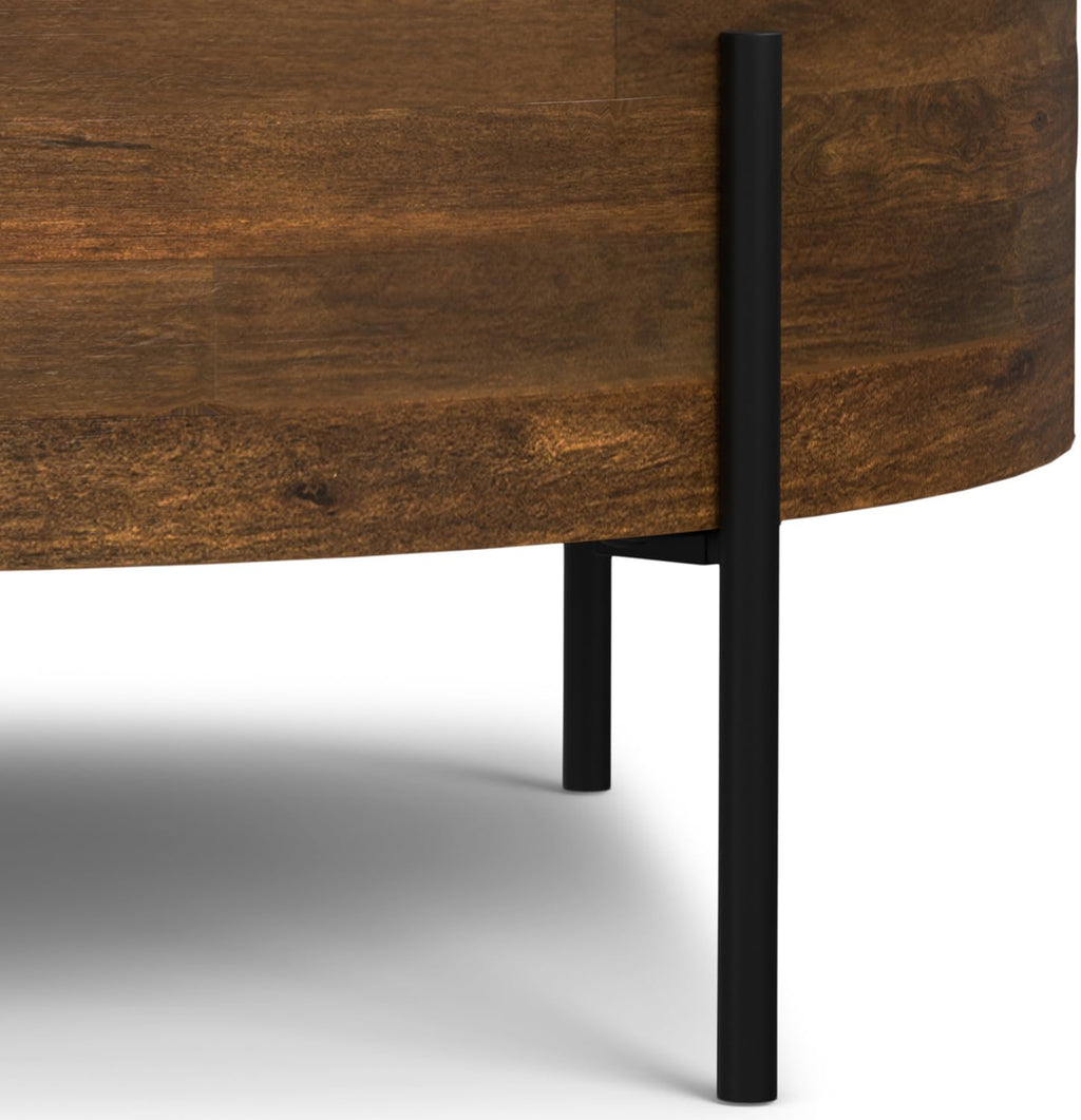 SIMPLIHOME Rayburn Drum Coffee Table - 38 inch Wide Solid Mango Wood Round Living Room Table in Walnut Brown, Modern Urban Center Table for Family Room with Black Metal Legs and Large Surface