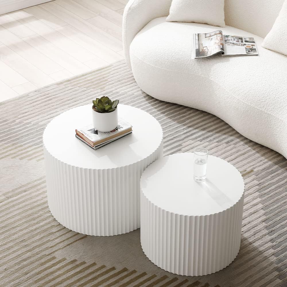 Nesting Coffee Table Set of 2, 23.6' Round MDF Nesting Tables with Roman Column Design, Modern Handcrafted Wooden Drum Accent Tables for Living Room, No Assembly Required - White