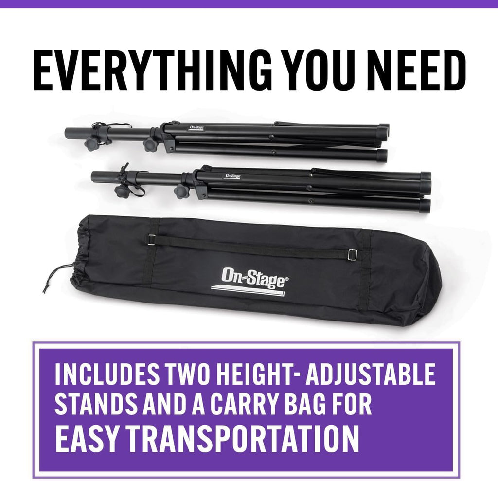 On-Stage SSP7900 All-Aluminum Speaker Stand Pack (Pair of Folding, Portable Stands, Tripod Base, Carry Bag, Height Adjustable, Nonslip Rubber Feet, 1 3/8″ Mounting Poles, 1 1/2″ Adapters, Black)