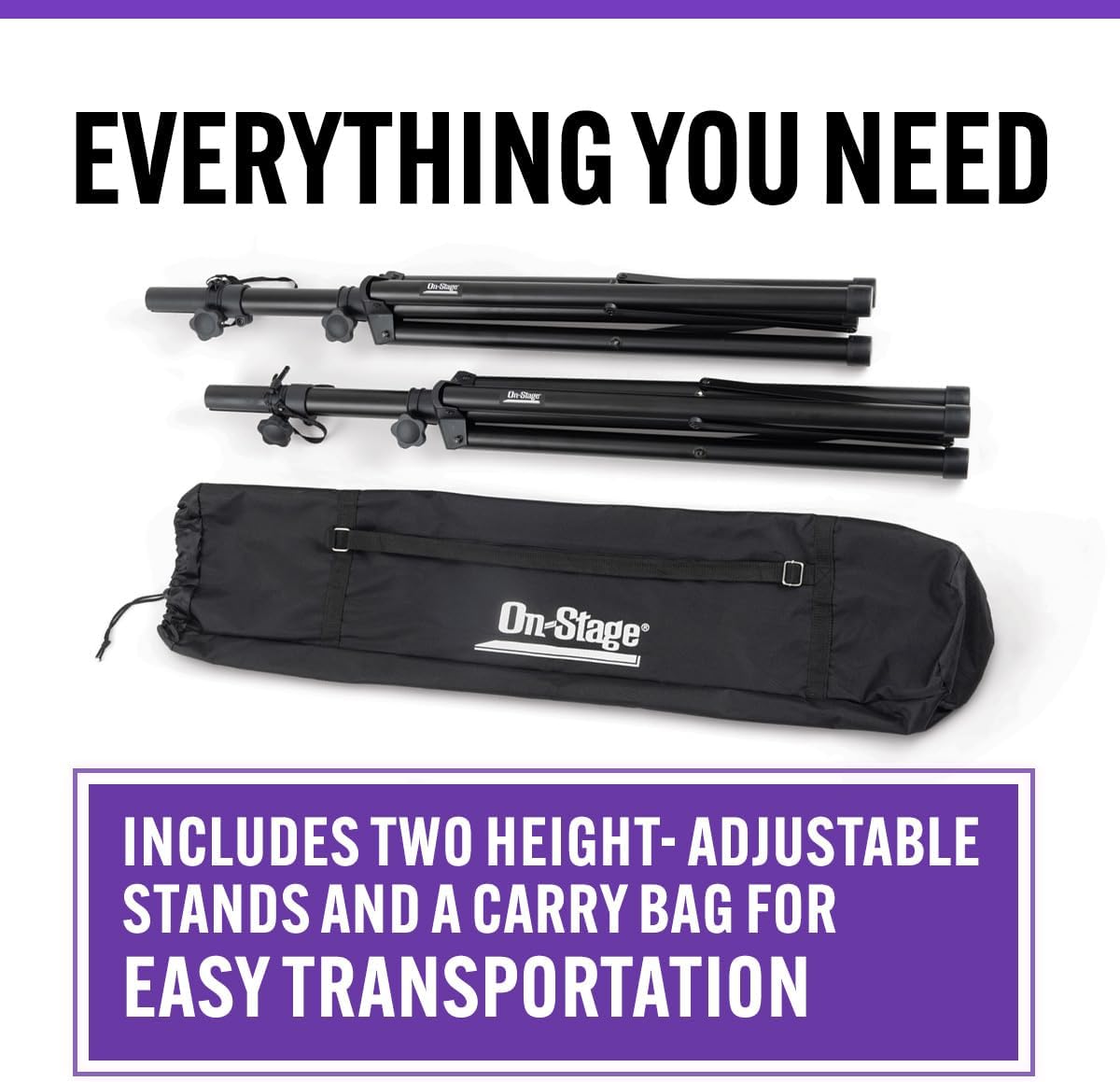 On-Stage SSP7900 All-Aluminum Speaker Stand Pack (Pair of Folding, Portable Stands, Tripod Base, Carry Bag, Height Adjustable, Nonslip Rubber Feet, 1 3/8″ Mounting Poles, 1 1/2″ Adapters, Black)