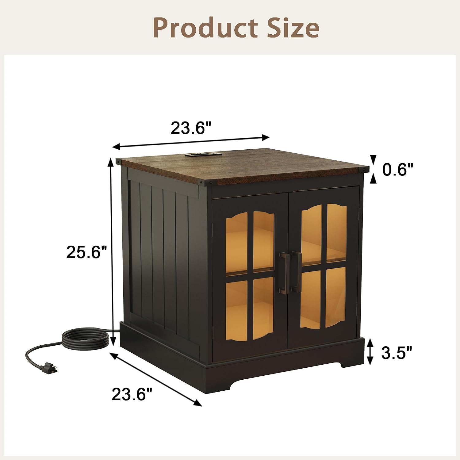 ChooChoo Rustic End Table, 24' Large Sofa Side Table with Charging Station & LED Light, Black Nightstand with Adjustable Storage Shelf, Square Bedside Table for Living Room, Bedroom, Office