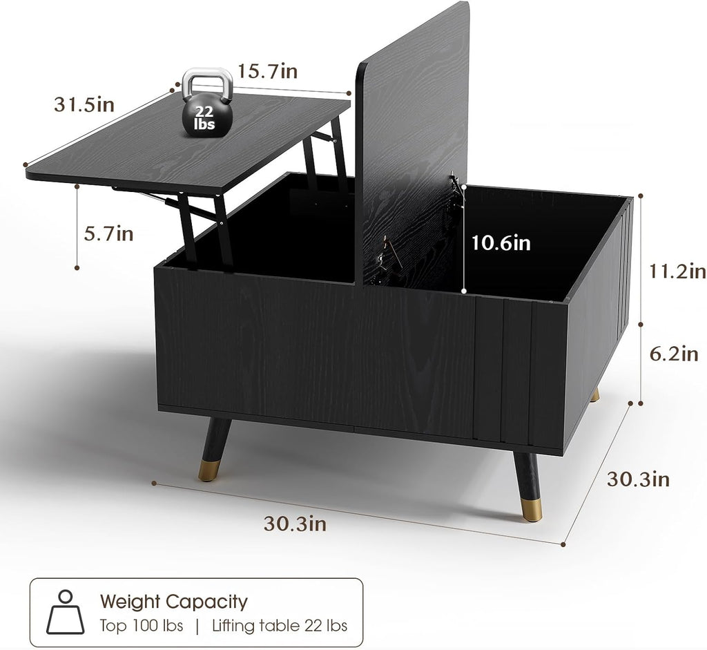 Square Coffee Table with Lift-Top & Flip-Top Storage, 36' Lift Tabletop Dining Center Table with Solid Wood Legs, Functional Modern Black Coffee Tables for Living Room Small Space or Office