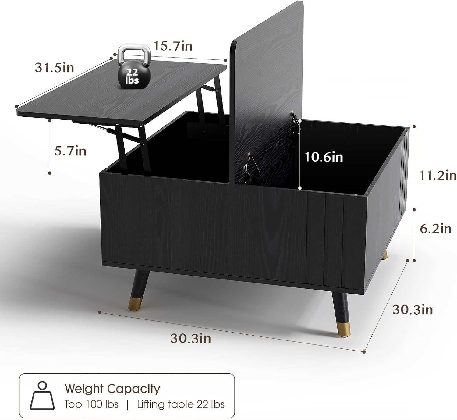 Square Coffee Table with Lift-Top & Flip-Top Storage, 36' Lift Tabletop Dining Center Table with Solid Wood Legs, Functional Modern Black Coffee Tables for Living Room Small Space or Office