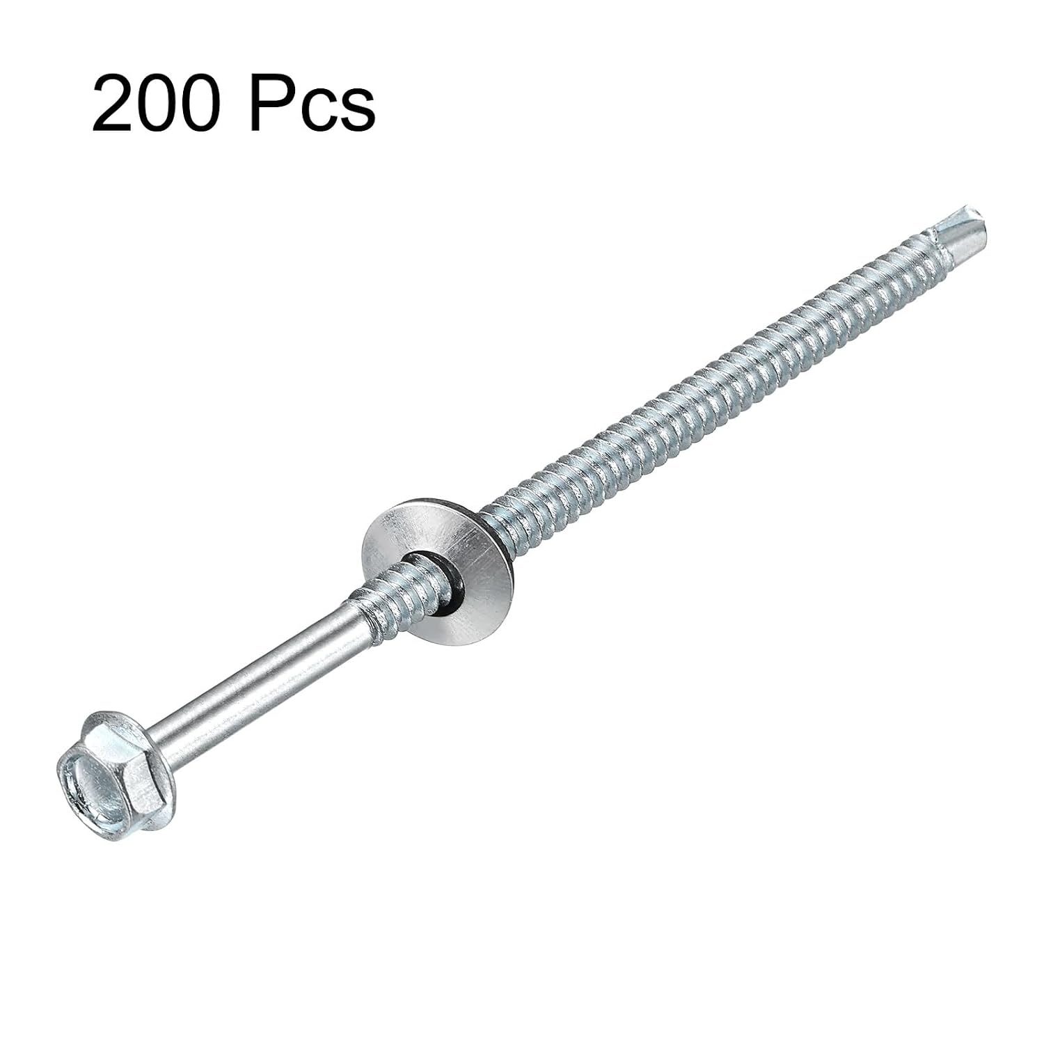 uxcell #14x4-8/9 Self Drilling Screws with Rubber Washer, 200Pcs Zinc Plated Finish Hex Head Self Tapping Screws with EPDM Washer for Metal