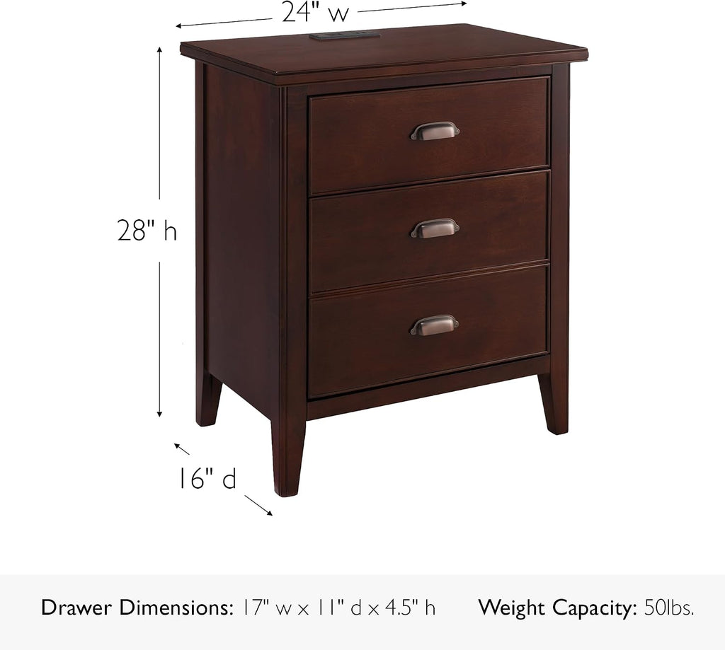 Leick Home Laurent Side Table Nightstand with USB-C Charging Station, Solid Wood, Perfect for Bedrooms, Living Rooms, and Small Spaces, 16'D x 24'W x 28'H, Chocolate Cherry Brown