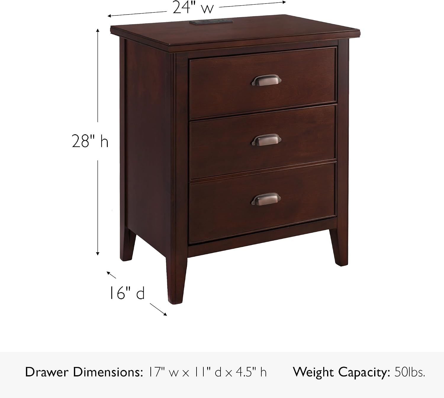 Leick Home Laurent Side Table Nightstand with USB-C Charging Station, Solid Wood, Perfect for Bedrooms, Living Rooms, and Small Spaces, 16'D x 24'W x 28'H, Chocolate Cherry Brown